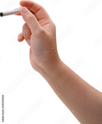 A woman holding a cigarette against a transparent background.
