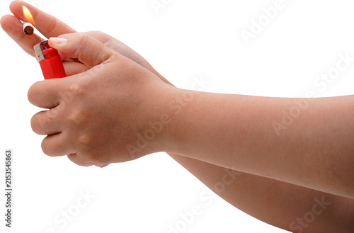 A person is using a red lighter to light a cigarette against a transparent background.