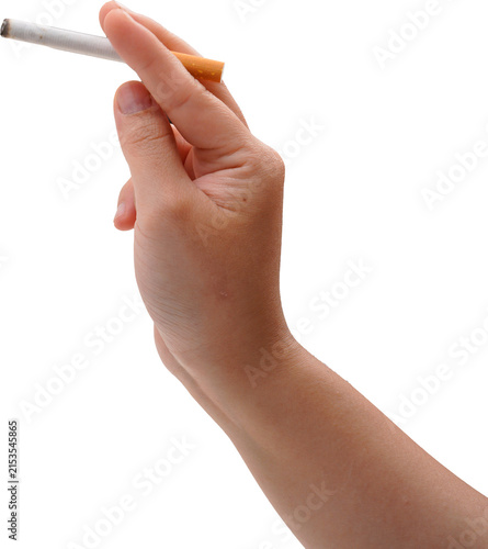 A woman holding a cigarette against a transparent background.