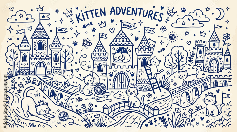 Naklejka premium Kitten castle adventures line art doodle illustration vector landscape 