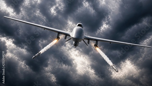 Unmanned combat aerial vehicle launching missiles through storm clouds
