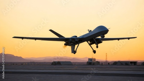 Unmanned combat aerial vehicle approaching a runway at sunset