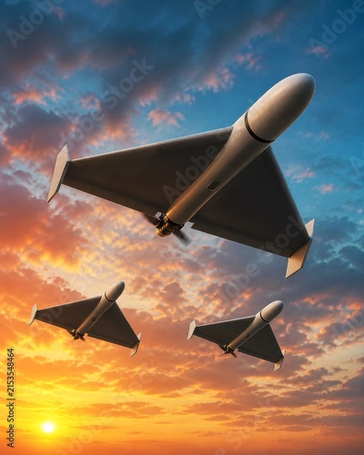 Three delta-wing combat drones flying through a dramatic sunset sky