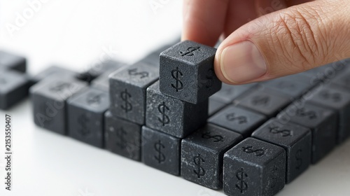 Hand placing gray dollar sign cubes on white surface representing financial planning or investment strategy