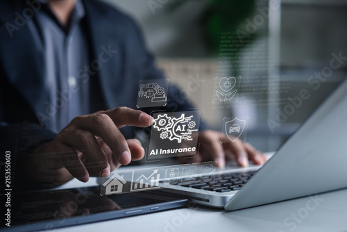 Canvas Print Business professional uses AI insurance technology on a laptop with virtual icons for health, home and car coverage, illustrating automated risk assessment, policy management and digital protection