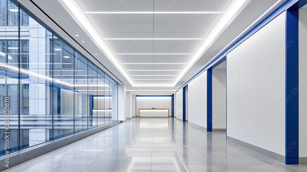 Fototapeta premium Modern corporate hallway with blue accents and reflective flooring leading to a reception desk under bright ceiling lights
