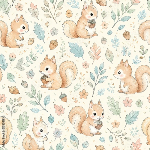Watercolor seamless pattern with cute red squirrels holding acorns among pastel oak leaves and flowers on cream background, gentle woodland nursery concept