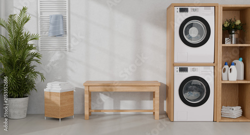 Clean laundry room interior design with stacked washing machine and dryer, wooden bench, houseplant and copy space. 3D rendering.