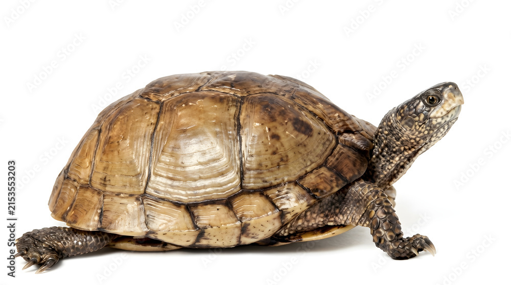 Obraz premium Box turtle on white background, brown tortoise shell texture, isolated reptile profile for nature education and wildlife study