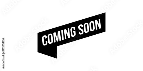 Photography Coming soon banner with futuristic black ribbon shape and stylized text effect for announcement posters or marketing promotions
