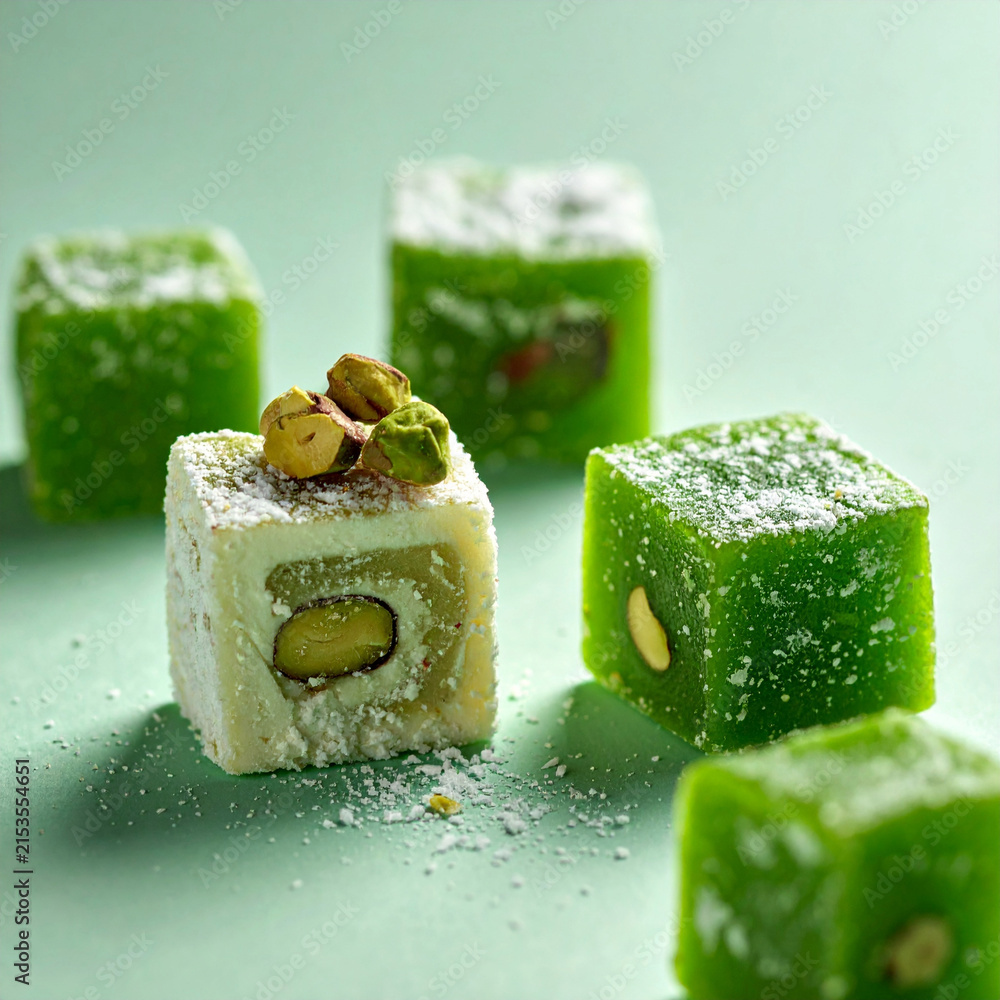 Fototapeta premium Traditional green turkish delight lokum with pistachios and powdered sugar