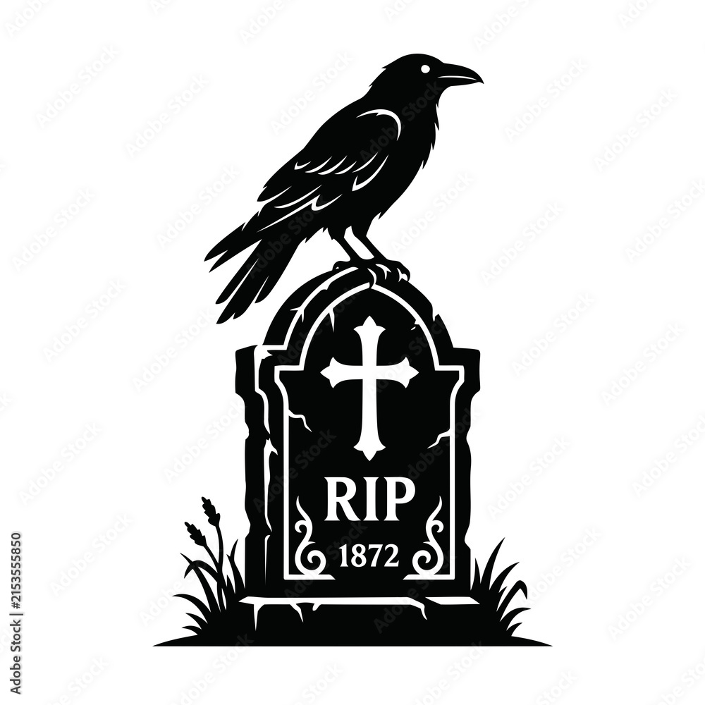 Obraz premium Black raven bird perched on a gothic tombstone with cross and RIP text vector illustration