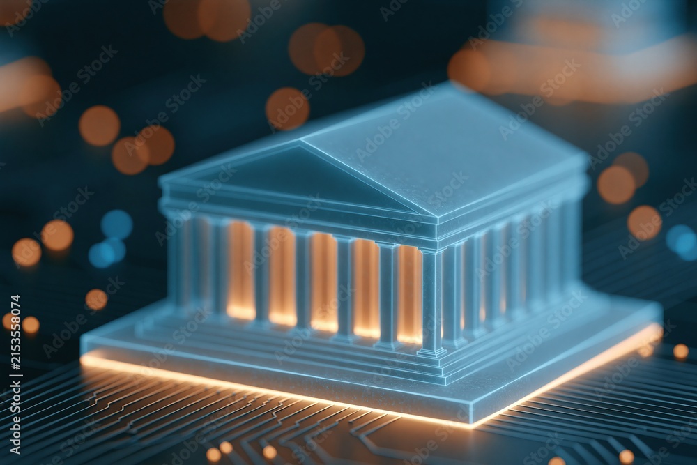 Fototapeta premium Futuristic bank building model on circuit board background with glowing columns and bokeh lights
