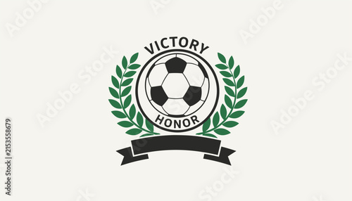 Clean soccer club logo template with football crest, laurel wreath, victory honor text, and blank ribbon banner on a white background.
