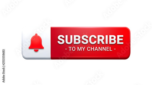 Realistic red youtube subscribe button with bell icon isolated on transparent background