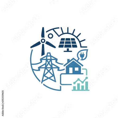 A circular icon representing sustainable energy and power grid systems