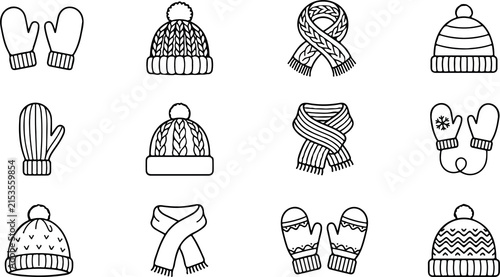 Obraz na płótnie Winter clothes hats scarves and mittens icons set outline vector illustration