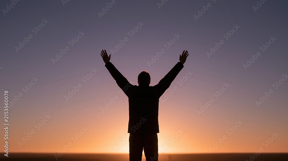 Fototapeta premium Silhouette of a person with arms raised in triumph against a vibrant sunset sky background