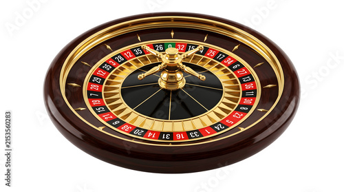 Realistic casino roulette wheel with numbers and gold details isolated on transparent background