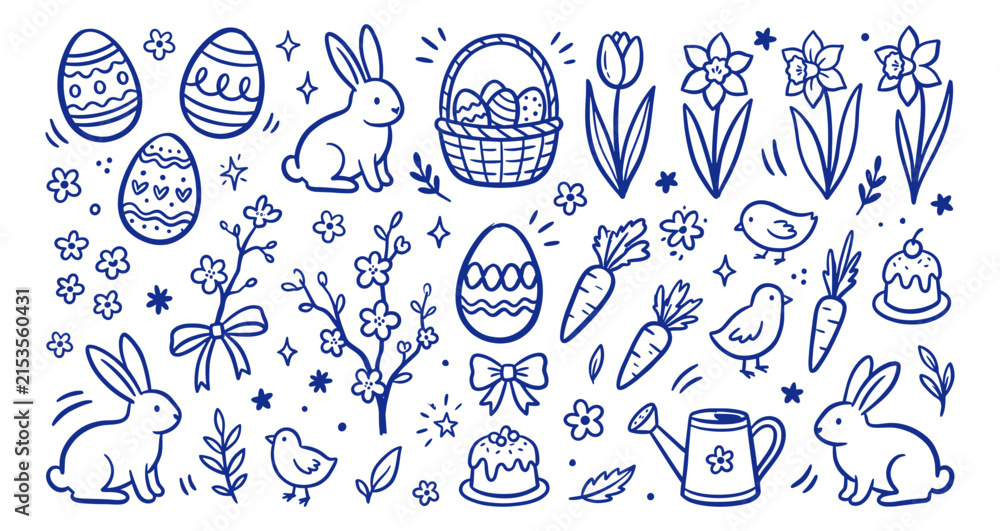 Fototapeta premium Hand drawn blue outline doodle set of various Easter bunnies, painted eggs, and spring elements