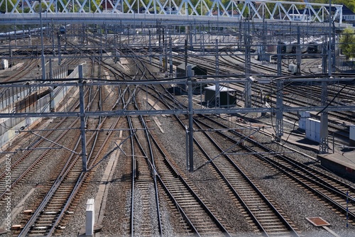 Photography Railroad junction in Oslo, Norway. Many railway tracks.