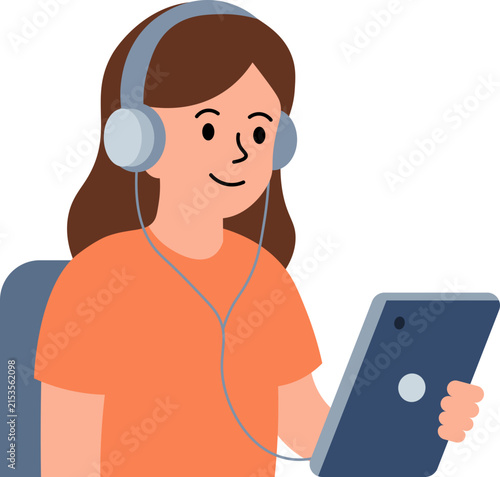 woman wearing headphones holding tablet clipart vector shape