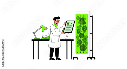 Biotechnology Scientist Researching Algae Biofuel in Laboratory Flat Vector Illustration