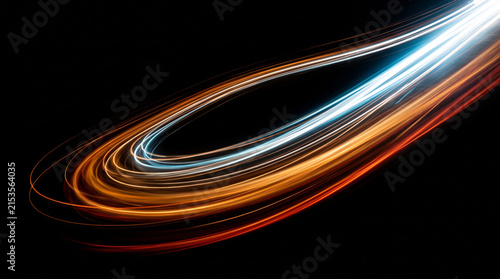 Abstract light trails with motion blur effect, vibrant orange and blue streaks of light curving against a deep black background, futuristic energy concept