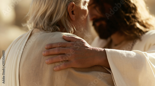 Jesus Christ putting a calming hand on the shoulder of an elderly man.