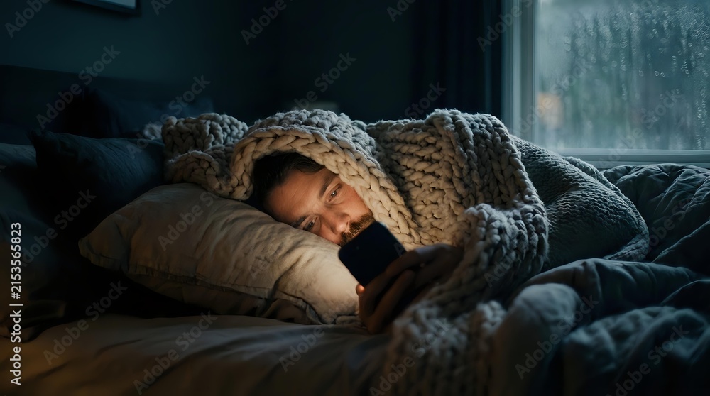 Fototapeta premium Young adult man lying in cozy bed at night using smartphone in bedroom