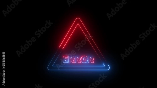Neon glowing error sign with triangle warning symbol on black background