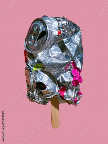Crushed Can Ice Pop with Diagonal Can Tops on Pastel Pink Background