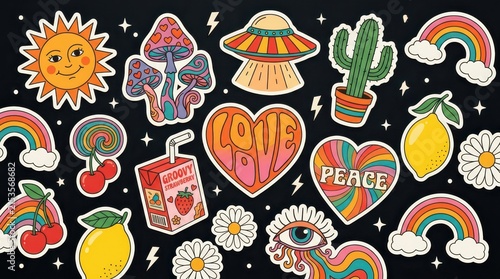 Retro 70s Psychedelic Sticker Set with Rainbows, Mushrooms, UFO, and Groovy Peace Love Elements on Black Background