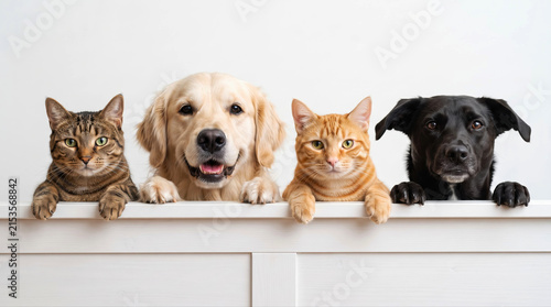 Row of cute dogs and cats peeking over white border on white background