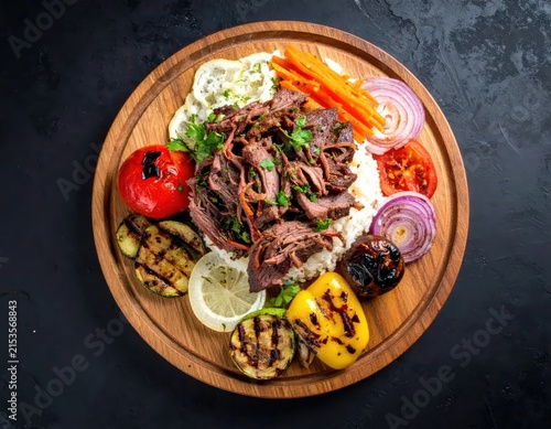 Delicious platter of gourmet shredded meat served with vegetables and rice on a wooden plate