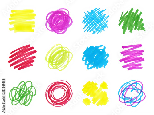 Set of colorful felt tip pen scribbles and hand drawn marker strokes on white background