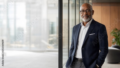 Confident businessman walking or standing in a modern office in a candid moment