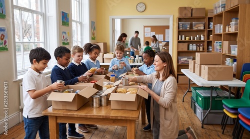 Children and Teacher Sorting Food Donations for Charity in a Classroom Setting