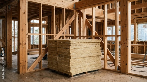 Stack of mineral wool insulation panels inside a new wooden frame construction site.