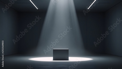 Futuristic Dark Exhibition Space with Atmospheric Light Beam and Pedestal
