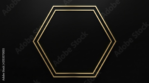 Frame with Double Gold Hexagonal Borders on a Black Background Creates an Elegant Luxury Design with Central Copy Space.