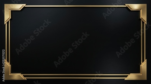 Frame with Geometric Gold Metallic Corners and Elegant Rectangular Border on a Dark Black Background with Copy Space