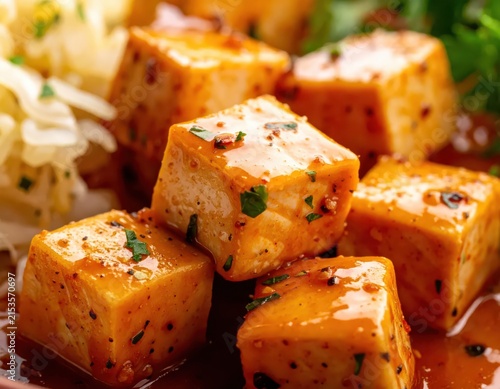 Delicious Soft Tofu with Spicy Sauce and Garnish on a Plate for Healthy Eating