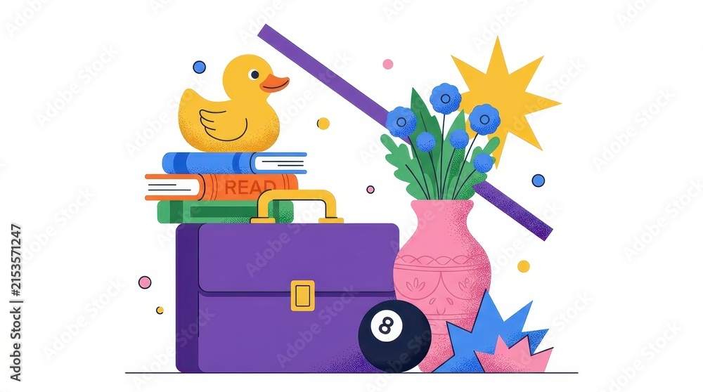Fototapeta premium Creative Flat Illustration with Briefcase, Books, Rubber Duck, and Flowers for Business and Education Concepts