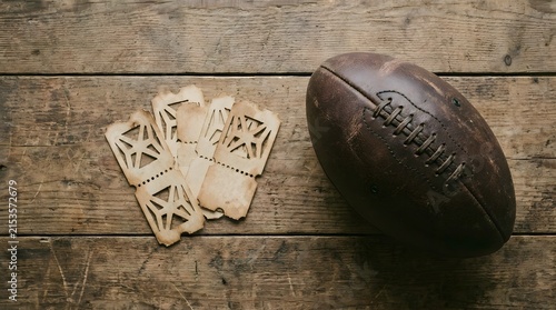 Vintage leather american football resting beside blank admission tickets on a rustic wooden table for nostalgic sports memorabilia and game day concepts