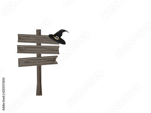 Halloween rickety wooden sign post with witch hat on white background