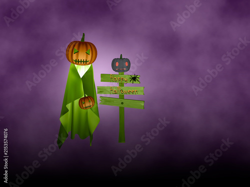 Halloween carved pumpkin and rickey old wooden signpost purple smoke background
