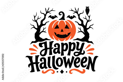 фотографія Happy Halloween Typography with Jack O Lantern, Bats and Spooky Trees