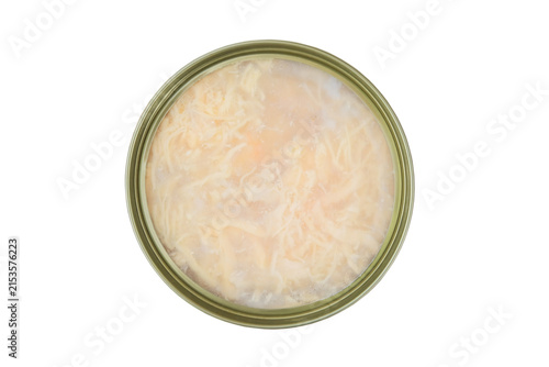Conserved nutrition. Top view. Chicken meat for cats and dogs in metal container. Canned pate in jelly. Container isolated on a white background.