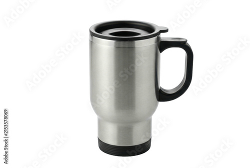 Stainless steel travel mug with handle and black lid.